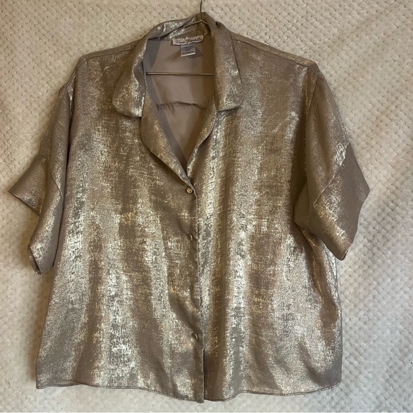 Linea Donatella Tops - Linea Donatella Shimmering Gold Button Down Shirt Collared Large Shiny